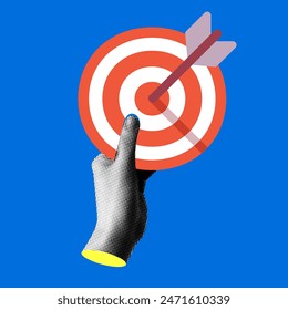 Halftone hands holding target with an arrow in the center. Modern collage. Successful business concept. Reach the goal. Darts in hand. Trendy newspaper cut out paper elements