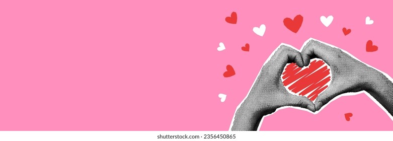 Halftone hands making heart shape banner. Modern grunge collage and cut out elements. Valentines day, love, help, donate, support concept. Vector illustration isolated on pink backdrop