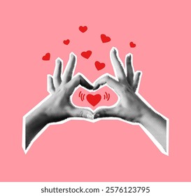 Halftone hands making heart symbol collage vector illustration. Love romance charity and Valentine day concept in body language on pink background