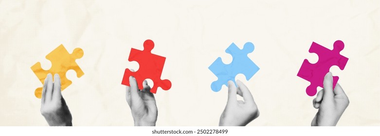 Halftone hands making puzzle together contemporary art collage. Metaphor of partnership, teamwork concept. Modern retro vector illustration banner template on beige crumpled paper texture background
