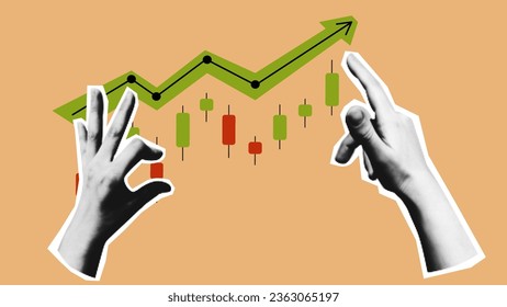 Halftone Hands manage the Japanese candles of the bitcoin cryptocurrency growth graph. stylish vector monochrome retro y2k banner