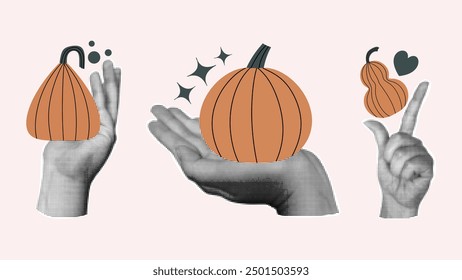 Halftone hands with orange pumpkins set. Vector illustration