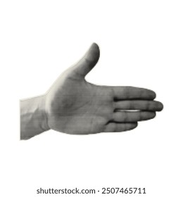 Halftone Hands Palm Gesture. Vektorpunktierter Stipplismus-Effekt. Trendy Retro Fotocopy Effekt Collage Element.