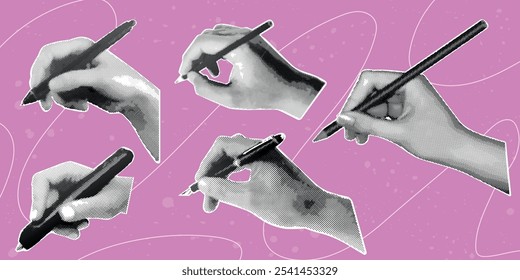 Halftone hands with pen. Hand holding draw or write tool pencil stylus marker, vintage writer paper collage retro grunge pop art abstract study concept, exact vector illustration