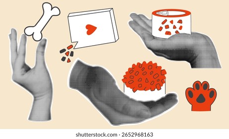 Halftone hands with  pet food. Retro collage vector elements. 