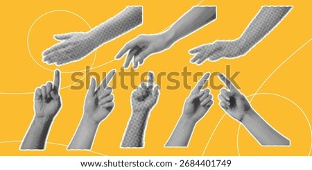 Halftone hands pointing up illustration. Includes direction and guidance on a yellow background. Vector illustration.