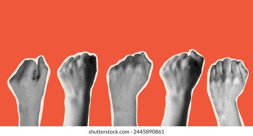 Halftone hands raised up with closed fist. Feminists fight. Illustration for protest. Modern collage with hands. Trendy vintage newspaper parts. Torn paper. Woman rights concept