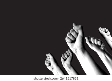 Halftone hands raised up with closed fist. Fists up on black background. Feminists fight. Collage for protest. Protection of rights and freedoms. Woman rights concept. Protesting crowd