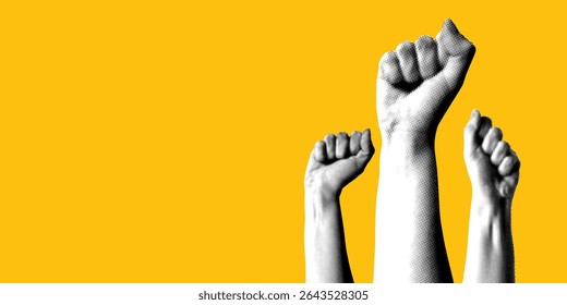 Halftone hands raised up with closed fist. Fists up on yellow background. Feminists fight. Collage for protest. Protection of rights and freedoms. Woman rights concept. Protesting crowd