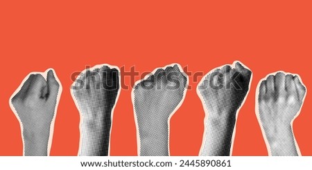 Halftone hands raised up with closed fist. Feminists fight. Illustration for protest. Modern collage with hands. Trendy vintage newspaper parts. Torn paper. Woman rights concept