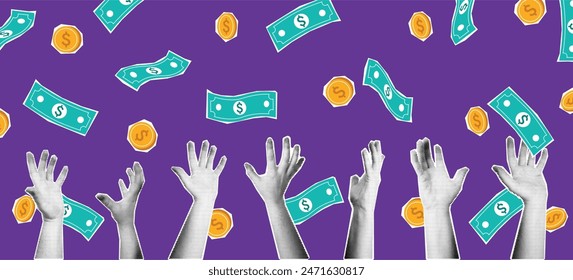 Halftone hands reaching for money. Mixed media catch falling coins and cash bills collage, financial success, free wealth and easy money concept vector illustration