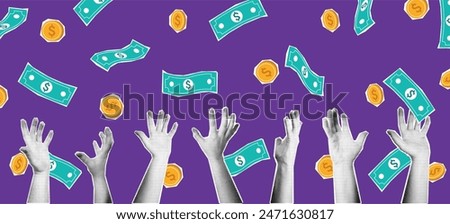 Halftone hands reaching for money. Mixed media catch falling coins and cash bills collage, financial success, free wealth and easy money concept vector illustration