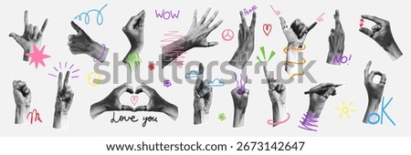 Halftone hands. Realistic black and white arm, different gestures, pop art, old vintage newspaper clippings, thumbs up, heart and ok. Cutout palm. Doodle trendy elements. Vector isolated illustration