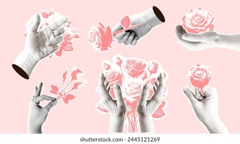 Halftone Hands with rose flowers paper torn out collage set. Gesture person mixed style sticker. Vector illustration collection