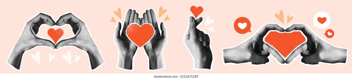 Halftone Hands Set with Hearts. Black and white grunge style hands showing gestures of love and heart. Social media like icons. Realistic vector illustration collection isolated on background