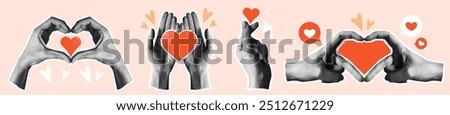 Halftone Hands Set with Hearts. Black and white grunge style hands showing gestures of love and heart. Social media like icons. Realistic vector illustration collection isolated on background