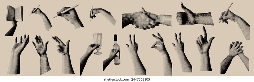 Halftone hands set. Trendy Creative collage elements. Gesture signs. Vector illustration