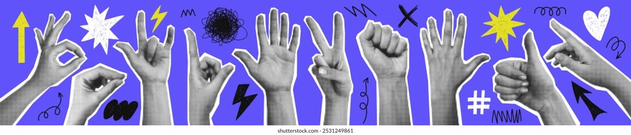 Halftone hands set. Trendy vector  pieces. Gesture signs. Modern forms for card, print on clothes. Creative collage.