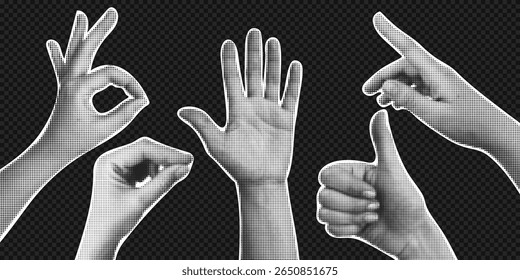 Halftone hands set. Trendy vector  pieces. Gesture signs. Modern forms for card, print on clothes. Creative collage.