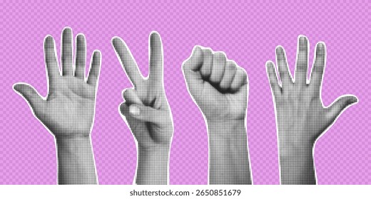 Halftone hands set. Trendy vector  pieces. Gesture signs. Modern forms for card, print on clothes. Creative collage.