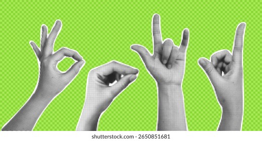 Halftone hands set. Trendy vector  pieces. Gesture signs. Modern forms for card, print on clothes. Creative collage.