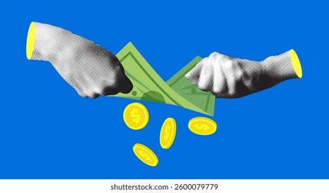 Halftone hands shake coins out of paper money. Modern collage. Concept of inflation, bankruptcy, poverty. Financial difficulties