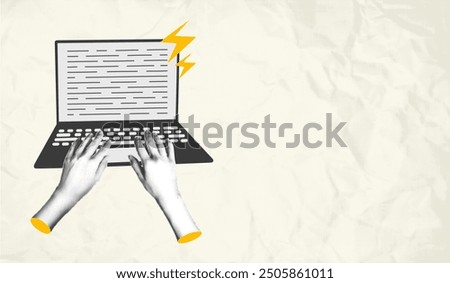 Halftone hands work on laptop computer modern art collage banner template for mixed media design. Vector illustration isolated on wrinkled paper background with copy space for text