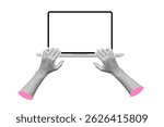 Halftone woman’s hands working on a laptop computer with a blank screen (PC mockup with an empty display) for a website, demo or product advertisement isolated on transparent background.