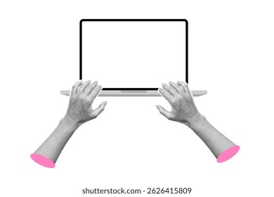 Mãos de mulher de meio-tom trabalhando em um notebook com uma tela em branco (maquete de PC com tela vazia) para um site, demonstração ou anúncio de produto isolado em um fundo transparente.
