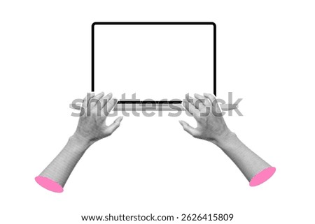 Halftone woman’s hands working on a laptop computer with a blank screen (PC mockup with an empty display) for a website, demo or product advertisement isolated on transparent background.