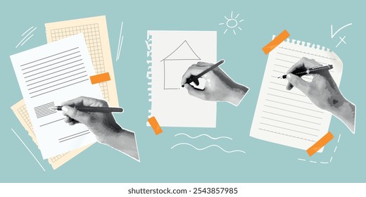 Halftone hands write. Hand with pen writing notebook rip torn sheet, vintage collage template retro paper school note law tax document report paperwork, exact vector illustration original artwork