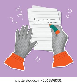 Halftone hands writing on a sheet of paper with a pencil. Collage elements with cutout shapes and doodle objects. Vintage hand gestures. Pop art designs on lilac background. Flat  vector illustration.