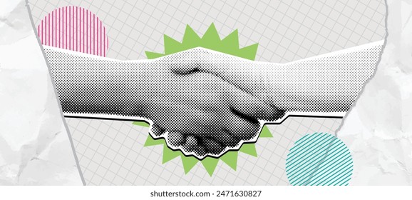 Halftone handshake collage. Win win deal, mixed media shaking hands symbolizing agreement, partnership and cooperation vector illustration