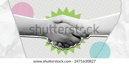 Halftone handshake collage. Win win deal, mixed media shaking hands symbolizing agreement, partnership and cooperation vector illustration