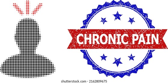 Halftone headache icon, and bicolor textured Chronic Pain seal stamp. Halftone headache icon is constructed with small circle points. Vector seal with unclean bicolored style,