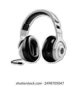 Halftone headphones halftone collage sticker. Dots grunge texture. Vector dotted photocopy illustration