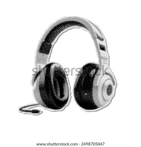 Halftone headphones halftone collage sticker. Dots grunge texture. Vector dotted photocopy illustration