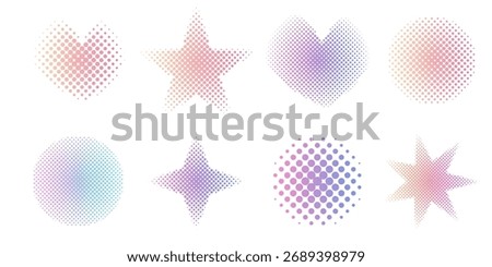 Halftone heart, circle and star set dotted y2k trendy decoration. Gradient retro pixel, grain effect. Pop art style dotted hearts, isolated on white 