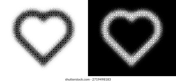 Diseño de corazón semitono con Gradientes de puntos. Simétrico, ideal para temas de amor, arte y visuales abstractos, icono, logotipo. Una figura negra sobre un fondo blanco y una figura igualmente blanca en el lado negro.