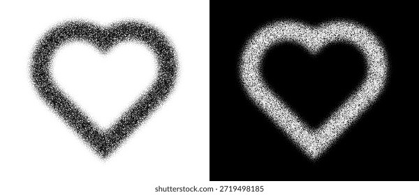 Diseño de corazón semitono con Gradientes de puntos. Simétrico, ideal para temas de amor, arte y visuales abstractos, icono, logotipo. Una figura negra sobre un fondo blanco y una figura igualmente blanca en el lado negro.