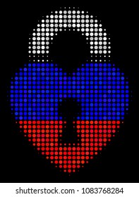 Halftone Heart Lock pictogram colored in Russian official flag colors on a dark background. Vector composition of heart lock icon organized of spheric pixels.