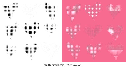 Halftone heart shapes design elements set. Flat heart dots halftone collection. Simple heart symbols with black and white halftone texture effect. Vector illustration.