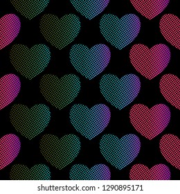 Halftone Hearts seamless pattern. Valentines Day background for t-shirt print, stationery, web, fashion, wrap, package design, flyer. Bright gradient Heart icon isolated on black. Vector illustration