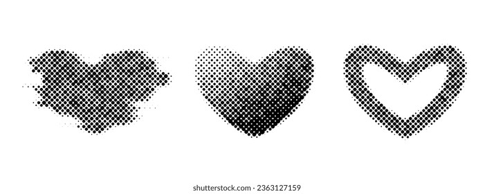 Halftone hearts set. Dotted grunge heart shapes collection for template, icon, banner, poster, collage. Black love signs and frame with gradient and glitch effect. Vector illustration