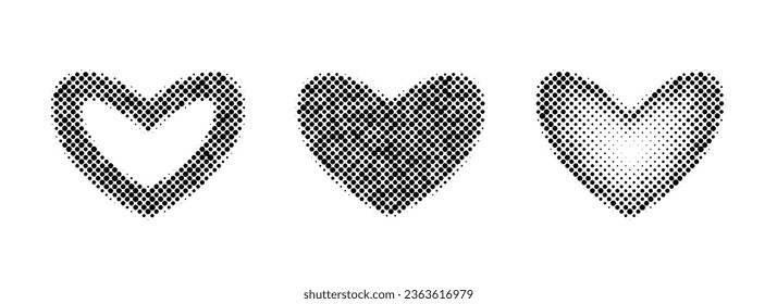 Halftone hearts set. Dotted grunge heart shapes collection for template, icon, banner, poster, collage. Black love signs and frames with gradient and grain. Vector illustration