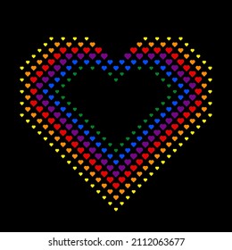 Halftone heart-shaped dots rainbow color. Homosexual valentine day concept. Gay and LGBTQIA pride. Design texture for fabric, banner, poster, backdrop, wall. Vector illustration.