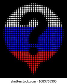 Halftone Help Balloon icon colored in Russia state flag colors on a dark background. Vector mosaic of help balloon icon done from circle elements.