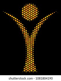 Halftone hexagon Abstract Man icon. Bright gold pictogram with honeycomb geometric structure on a black background. Vector pattern of abstract man icon composed of honeycomb items.