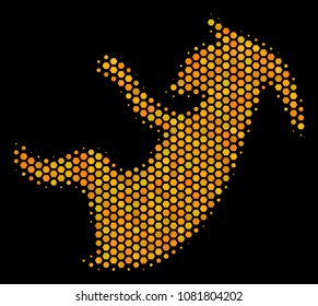 Halftone hexagon Alien Embryo icon. Bright yellow pictogram with honey comb geometric pattern on a black background. Vector composition of alien embryo icon designed of honeycomb cells.