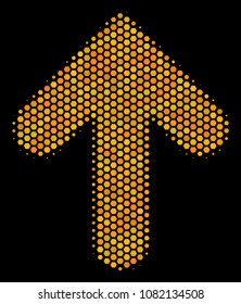 Halftone hexagon Arrow Direction icon. Bright gold pictogram with honey comb geometric structure on a black background. Vector collage of arrow direction icon combined of hexagon elements.